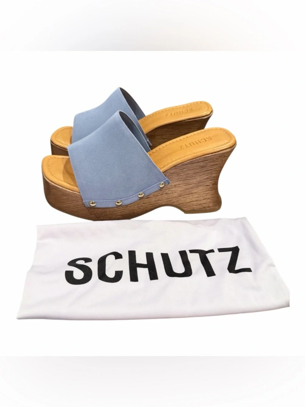 SCHUTZ Light Blue Suede Wooden Platform Slide Sandals